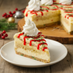 Slice of Christmas Tree cheesecake with white chocolate topping, red drizzle, green sprinkles, and whipped cream on a white plate.