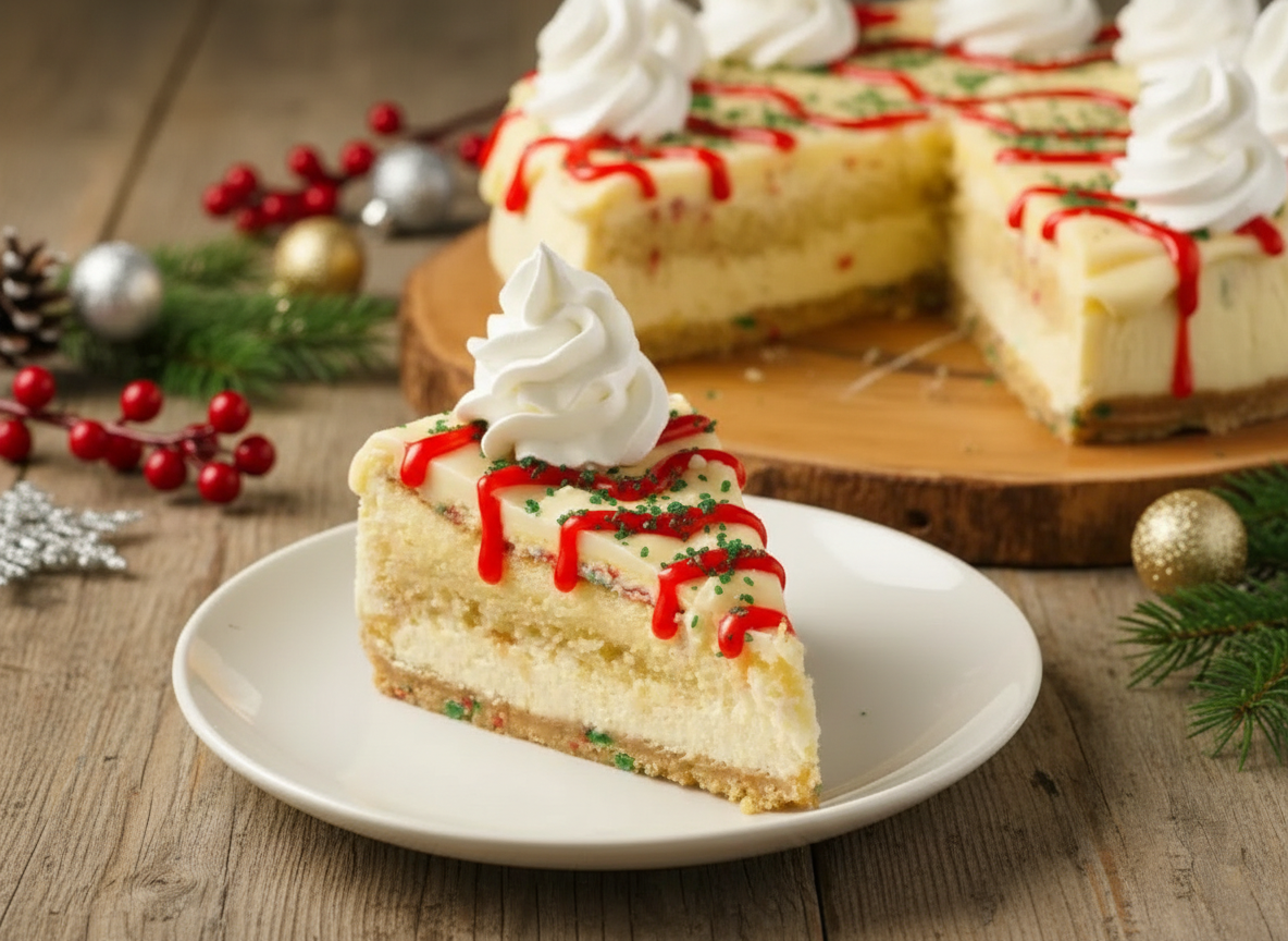 Slice of Christmas Tree cheesecake with white chocolate topping, red drizzle, green sprinkles, and whipped cream on a white plate.