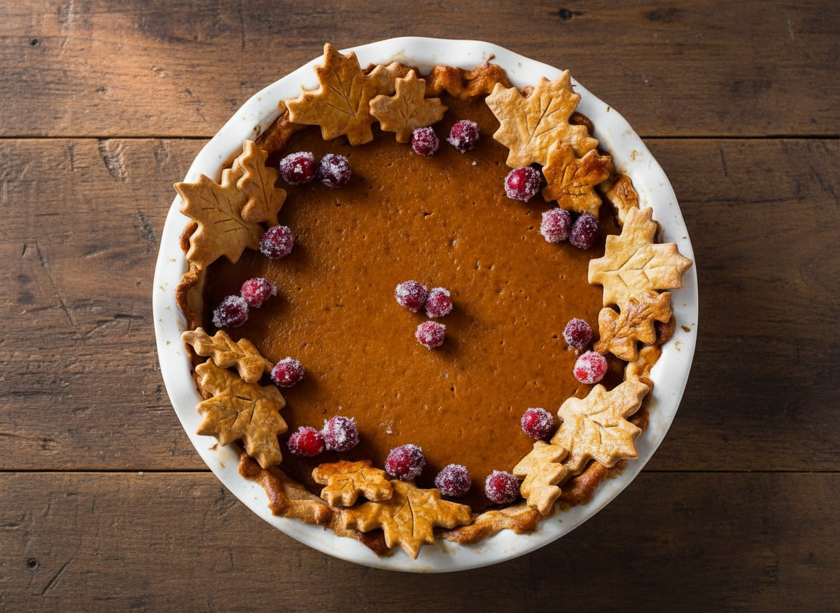 Pumpkin pie decorated with golden pie crust leaves and sugared cranberries arranged around the edge on a wooden table.