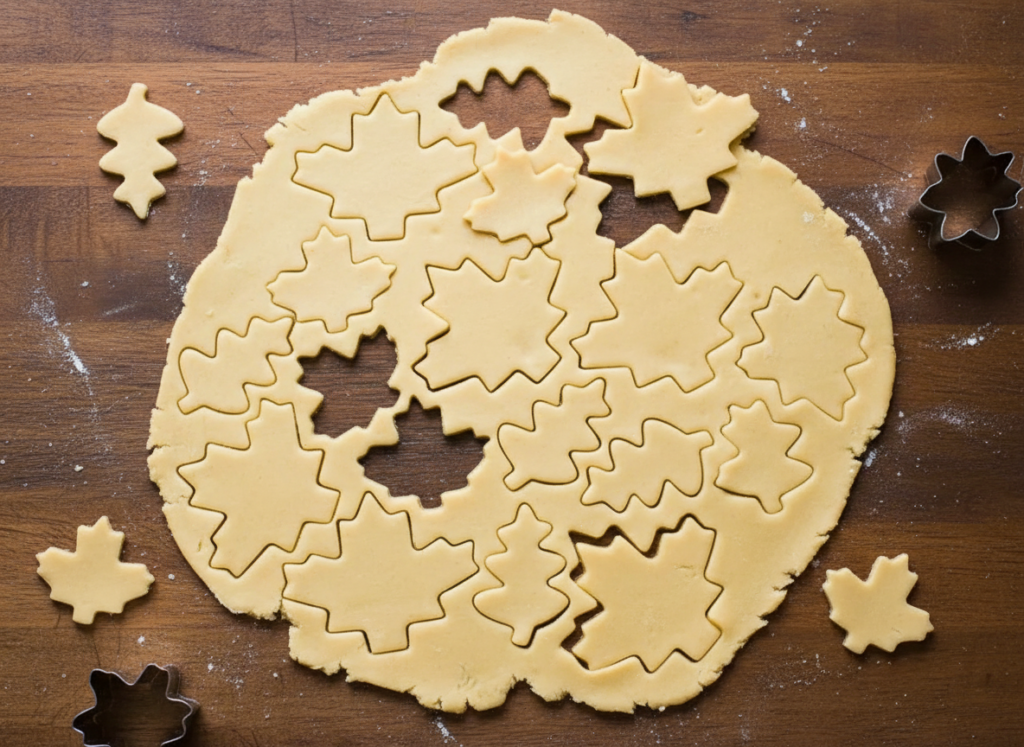 Pie crust dough rolled out and cut into fall leaf shapes using cookie cutters on a wooden surface.