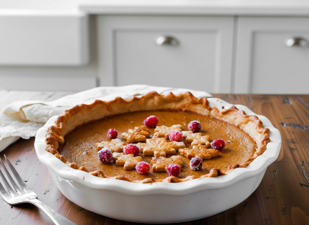 Finished pumpkin pie in a white pie dish topped with sugared cranberries, cooling on a wooden kitchen counter.