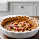 Finished pumpkin pie in a white pie dish topped with sugared cranberries, cooling on a wooden kitchen counter.
