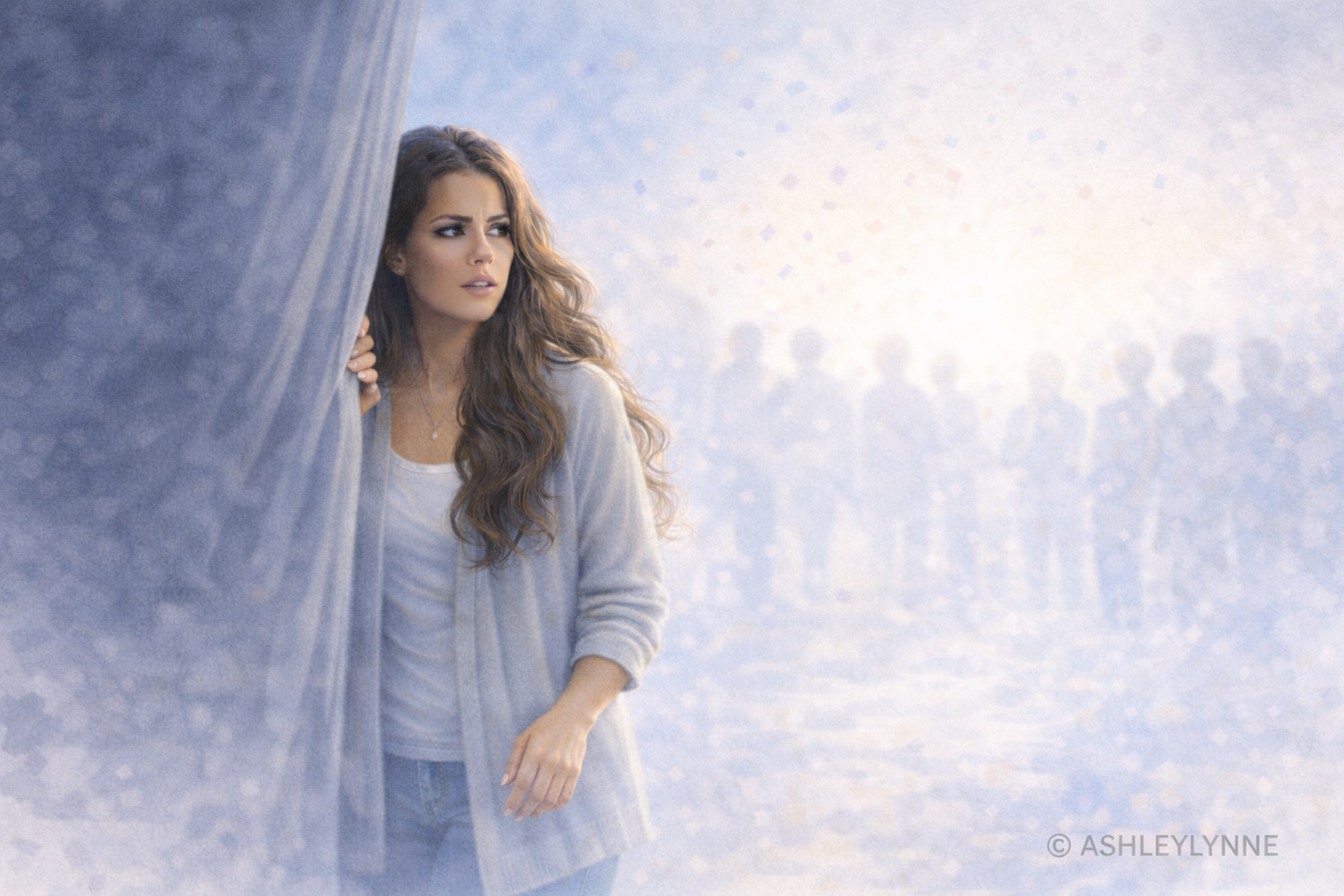 Woman stepping out of the shadows into soft light, learning to receive recognition and stand confidently in the spotlight