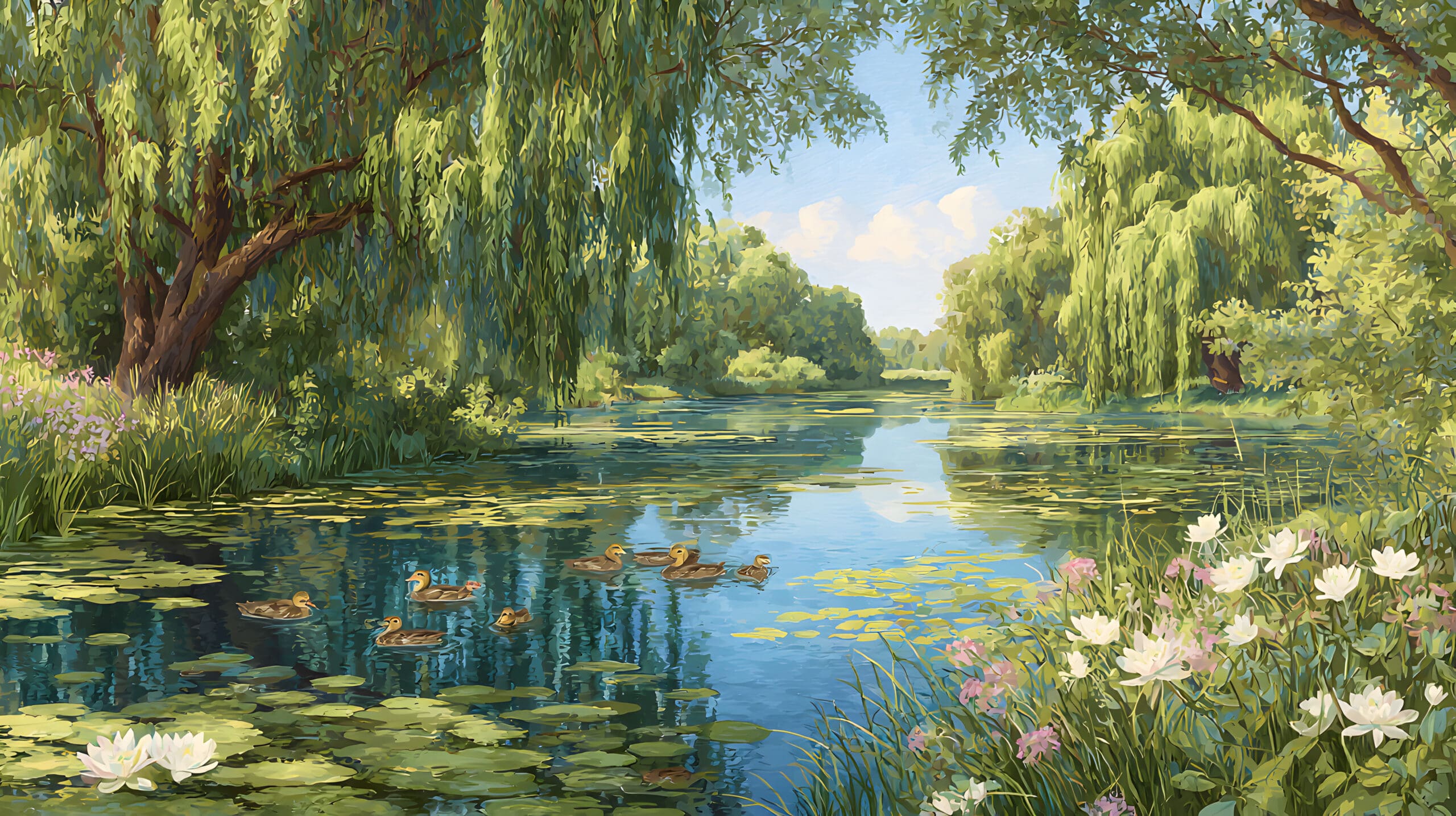 A peaceful southern landscape with willow trees reflected over still water, symbolizing rest, reflection, and faith — The Willow by Ashley Lynne.