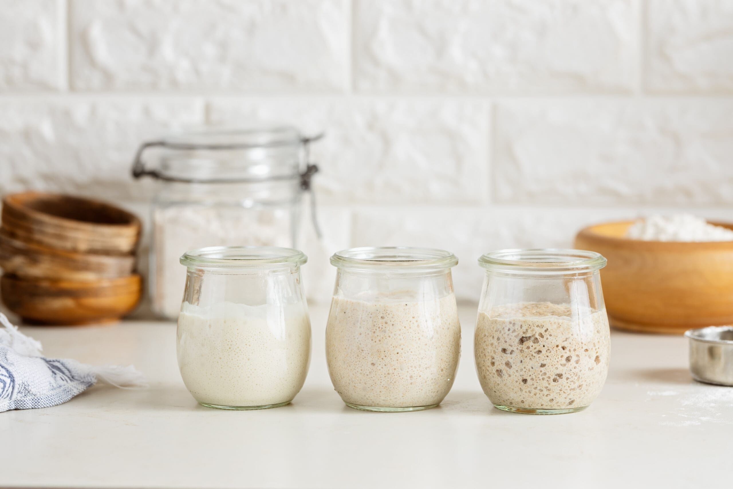 Three jars of sourdough starter on a clean kitchen counter, representing the slow, faithful process of homemade southern baking at The Rollin’ Pin Bakery.